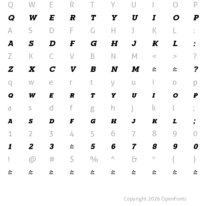 Character Map of FONTSPRING DEMO - Fried Chicken SC ExtBd Italic