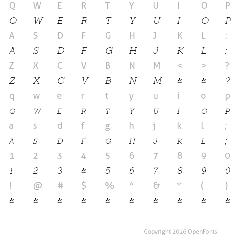 Character Map of FONTSPRING DEMO - Fried Chicken SC ExtLt Italic