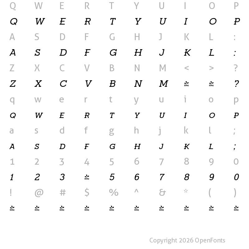 Character Map of FONTSPRING DEMO - Fried Chicken SC Italic
