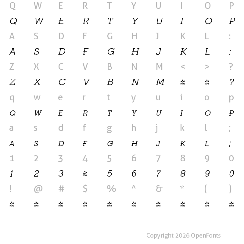 Character Map of FONTSPRING DEMO - Fried Chicken SC Light Italic