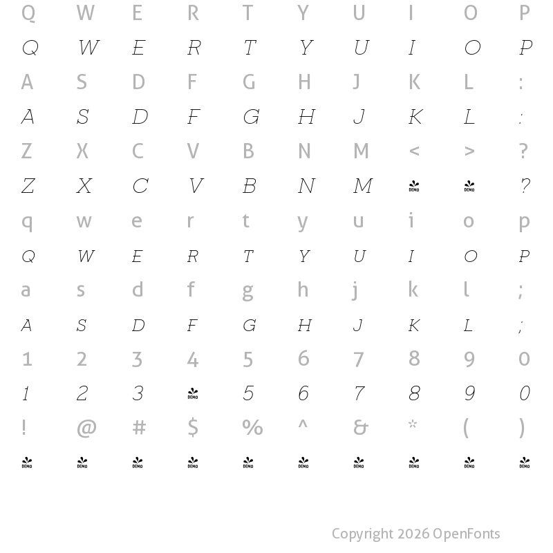 Character Map of FONTSPRING DEMO - Fried Chicken SC Thin Italic