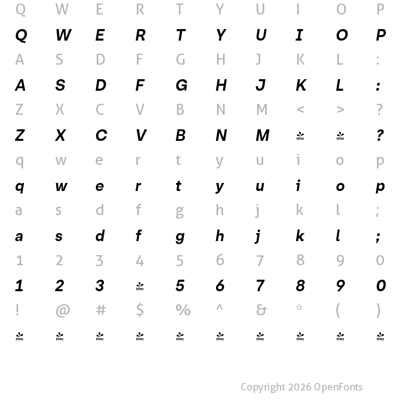 Character Map of FONTSPRING DEMO - Friends UltraBold Italic