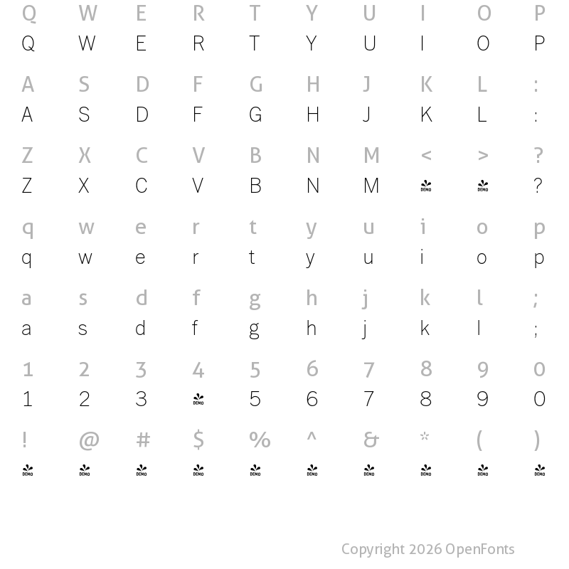 Character Map of FONTSPRING DEMO - FullerSansDT ExtraLight Regular