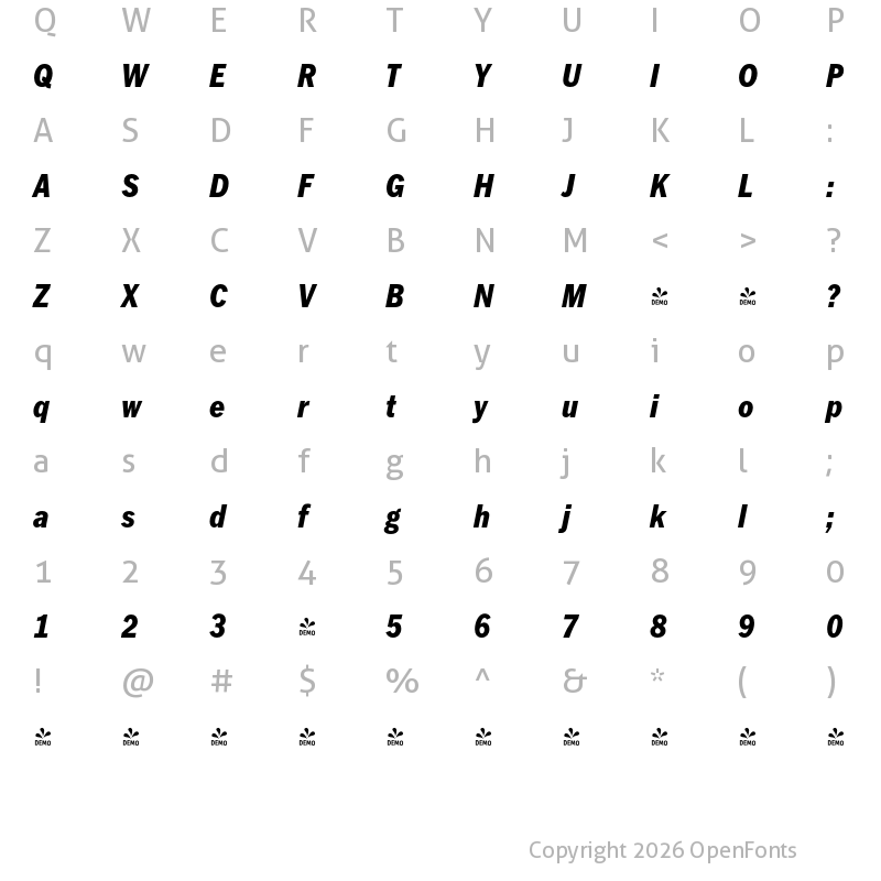 Character Map of FONTSPRING DEMO - FullerSansDTCond ExtraBold Extra Bold Italic