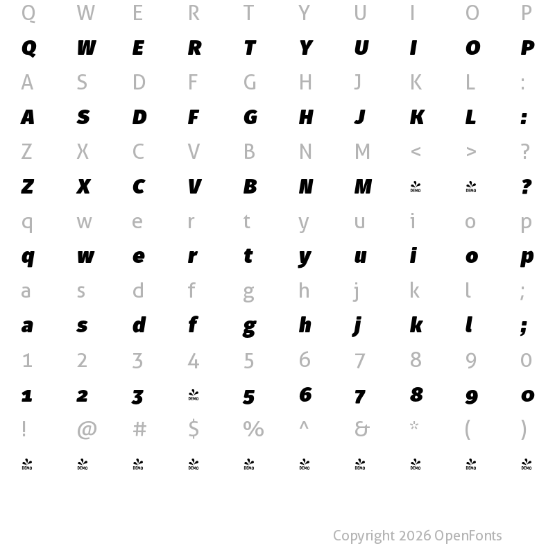 Character Map of FONTSPRING DEMO - Fuse V.2 Text UltraBlack Italic