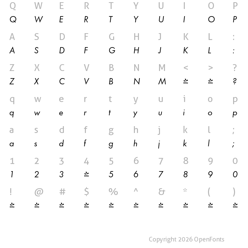 Character Map of FONTSPRING DEMO - Futura Italic