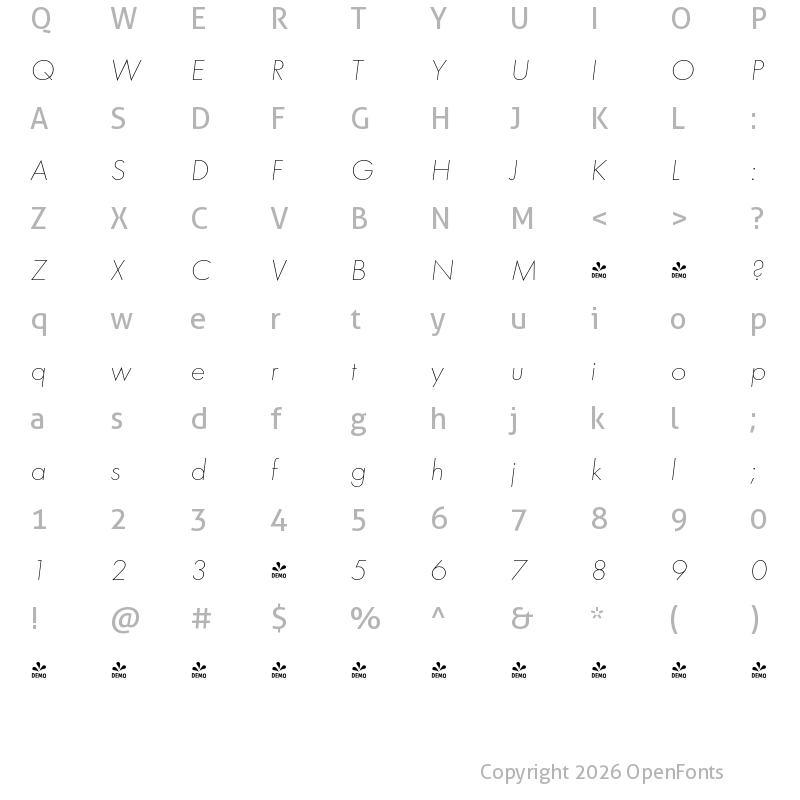Character Map of FONTSPRING DEMO - Futura PT Thin Italic