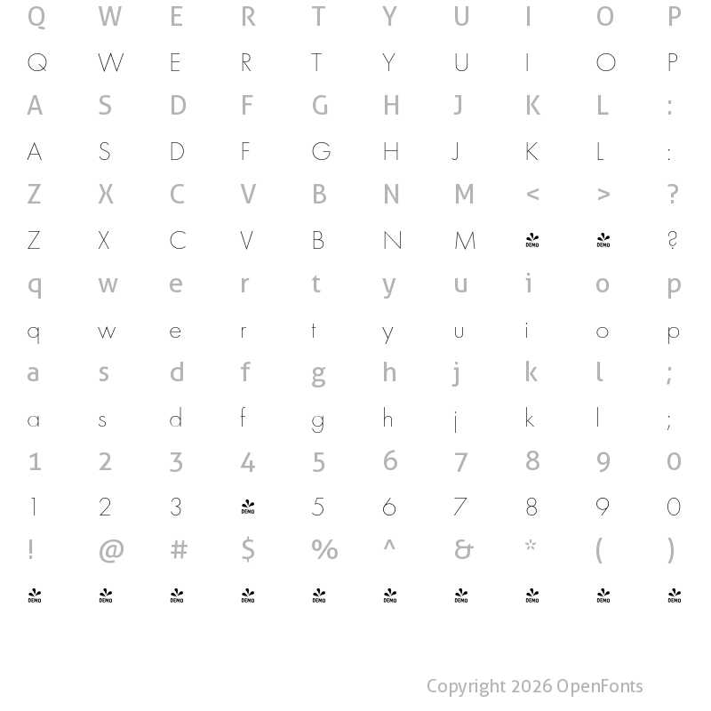 Character Map of FONTSPRING DEMO - Futura PT Thin Regular