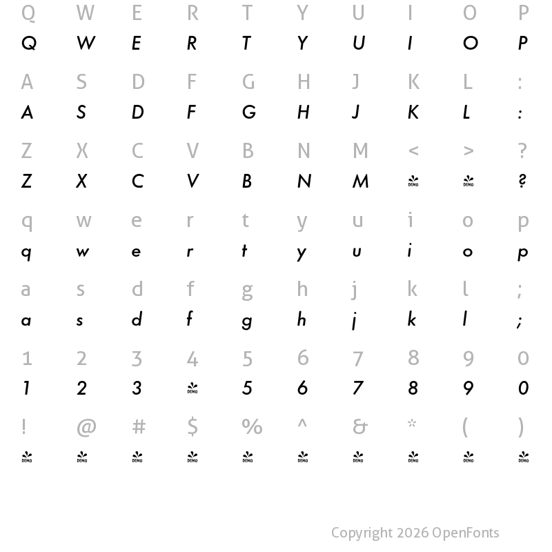 Character Map of FONTSPRING DEMO - Futura Round Medium Italic