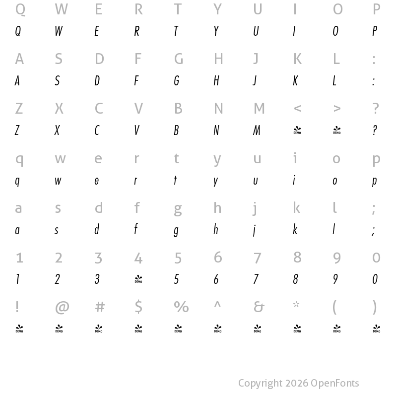 Character Map of FONTSPRING DEMO - FuturaConLig Italic