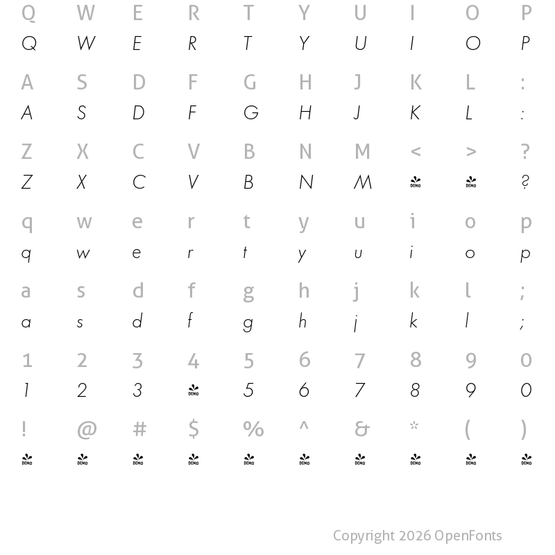 Character Map of FONTSPRING DEMO - FuturaLig Italic