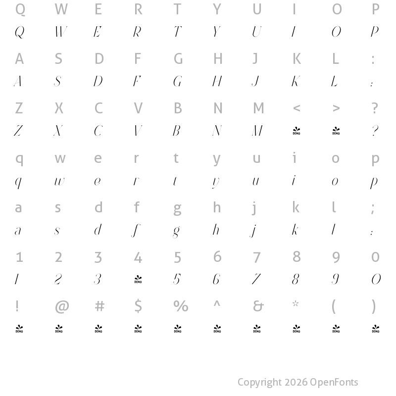 Character Map of FONTSPRING DEMO - Future Flow Italic