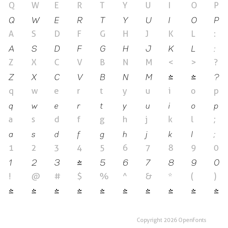 Character Map of FONTSPRING DEMO - Gabriel Sans Cond Cond Light Italic
