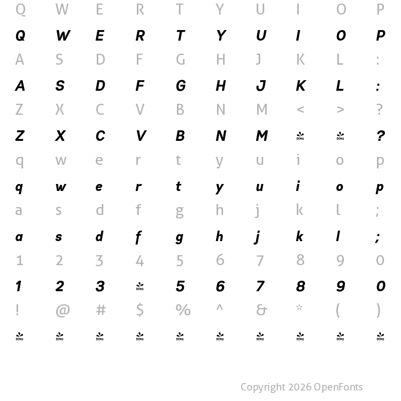 Character Map of FONTSPRING DEMO - Gabriel Sans Cond Cond Normal Bold Italic