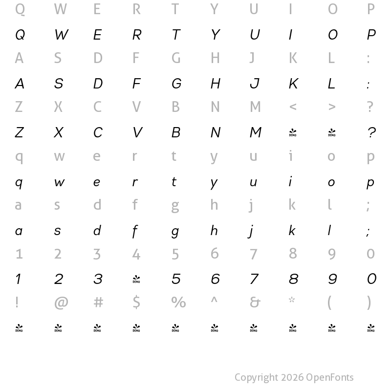 Character Map of FONTSPRING DEMO - Gabriel Sans Cond Cond Normal Italic