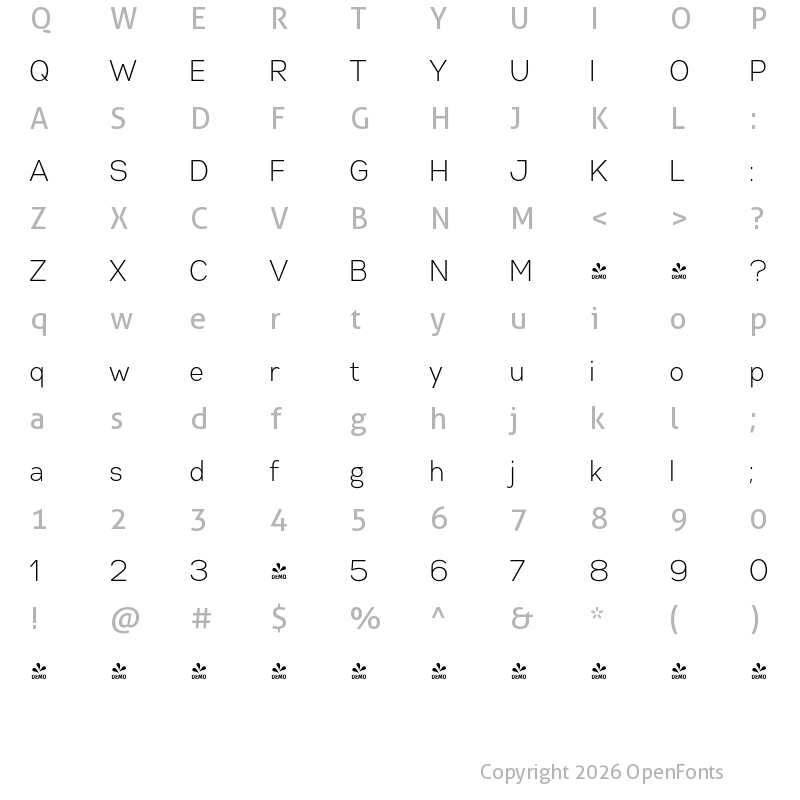 Character Map of FONTSPRING DEMO - Gabriel Sans Cond Light Regular