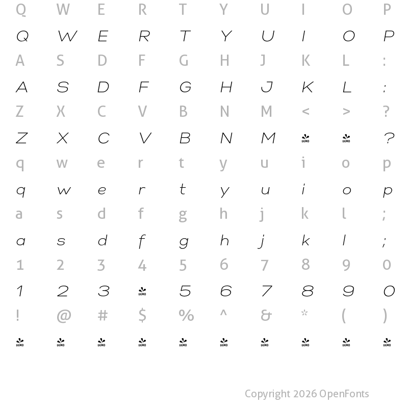Character Map of FONTSPRING DEMO - Gabriel Sans Light Italic