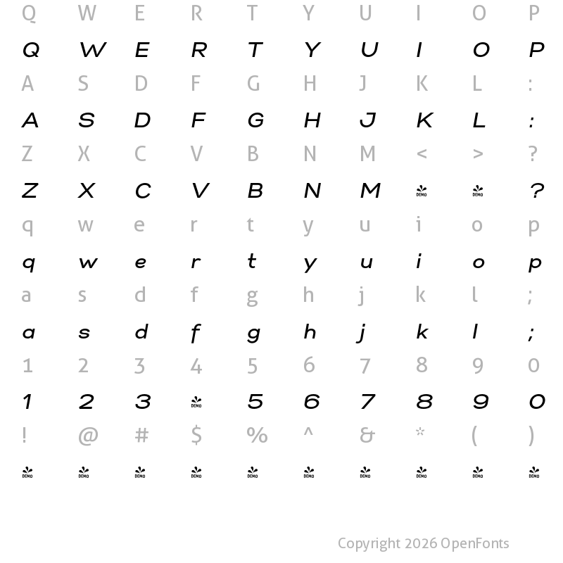 Character Map of FONTSPRING DEMO - Gabriel Sans Medium Italic