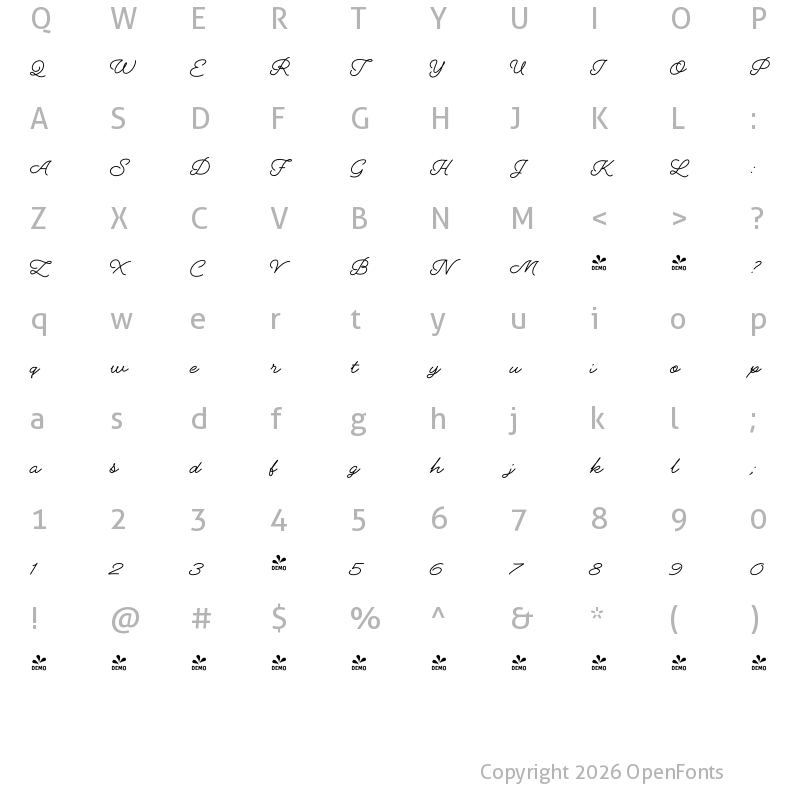 Character Map of FONTSPRING DEMO - Gainsborough Pen Regular