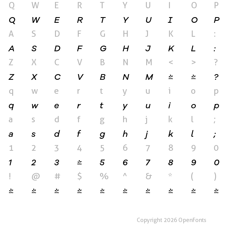 Character Map of FONTSPRING DEMO - Galano Grotesque Alt Medium It Regular