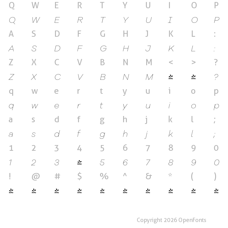 Character Map of FONTSPRING DEMO - Galano Grotesque Alt Thin It Regular