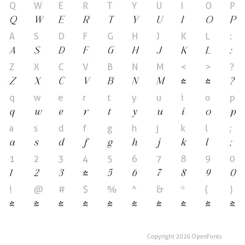 Character Map of FONTSPRING DEMO - Gallant Italic