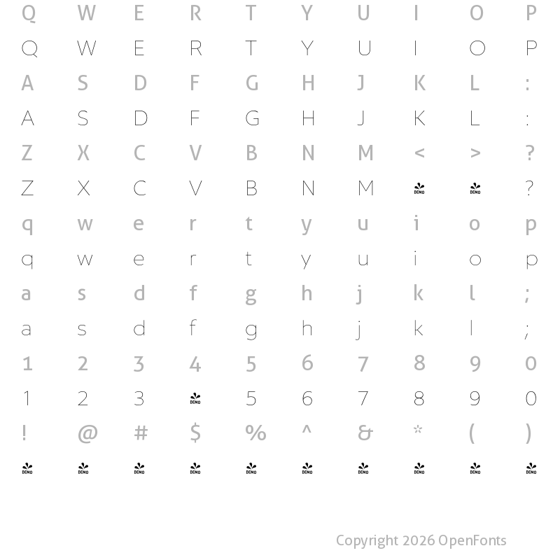 Character Map of FONTSPRING DEMO - Galvani Thin Regular