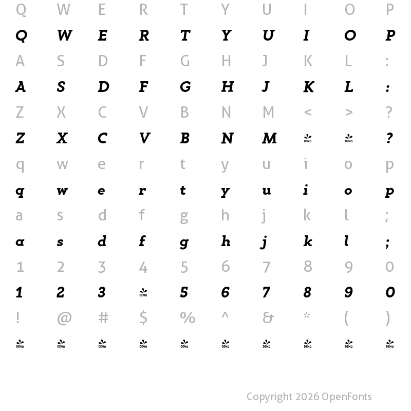 Character Map of FONTSPRING DEMO - Gambero Bold Italic
