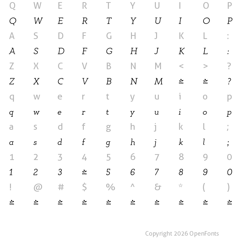 Character Map of FONTSPRING DEMO - Gambero ExtraLight Italic