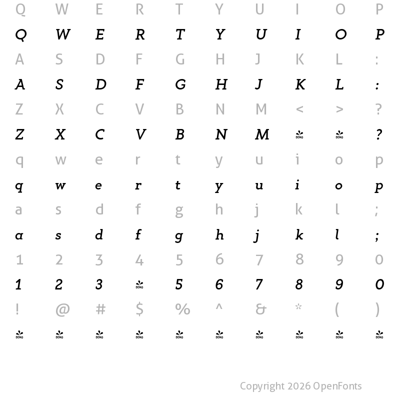 Character Map of FONTSPRING DEMO - Gambero Medium Italic