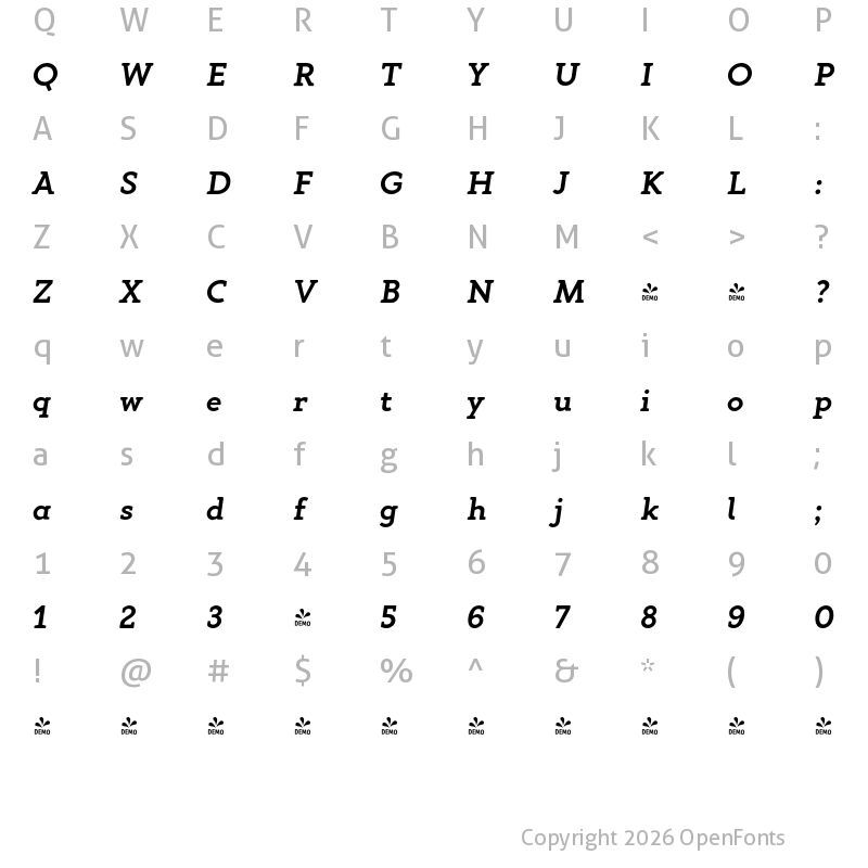 Character Map of FONTSPRING DEMO - Gambero SemiBold Italic