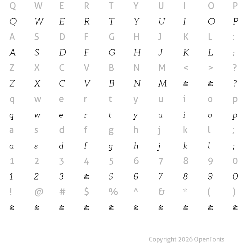 Character Map of FONTSPRING DEMO - Gambero Thin Italic