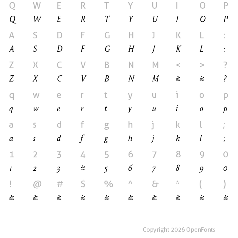 Character Map of FONTSPRING DEMO - Garaline-Italic Garaline-Italic