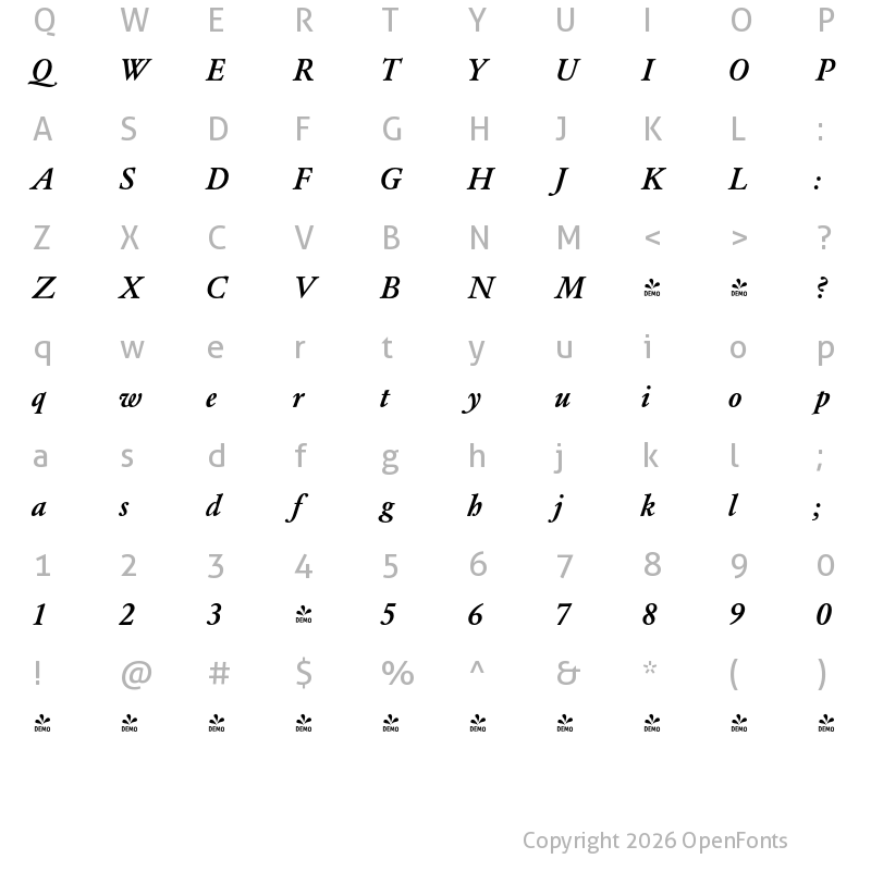 Character Map of FONTSPRING DEMO - Garamond Classic FS Bold Italic