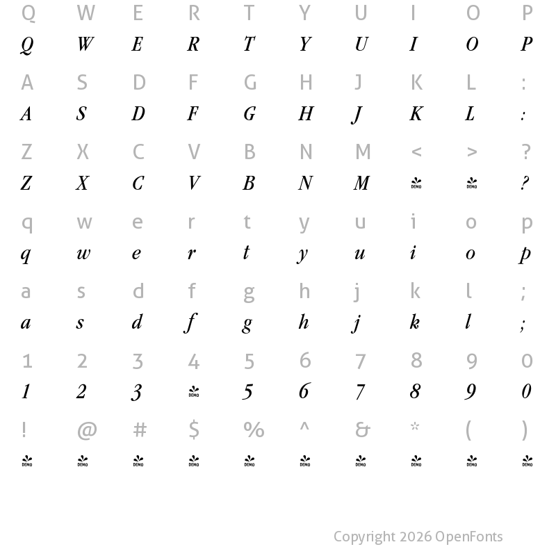 Character Map of FONTSPRING DEMO - Garamond Modern FS Italic