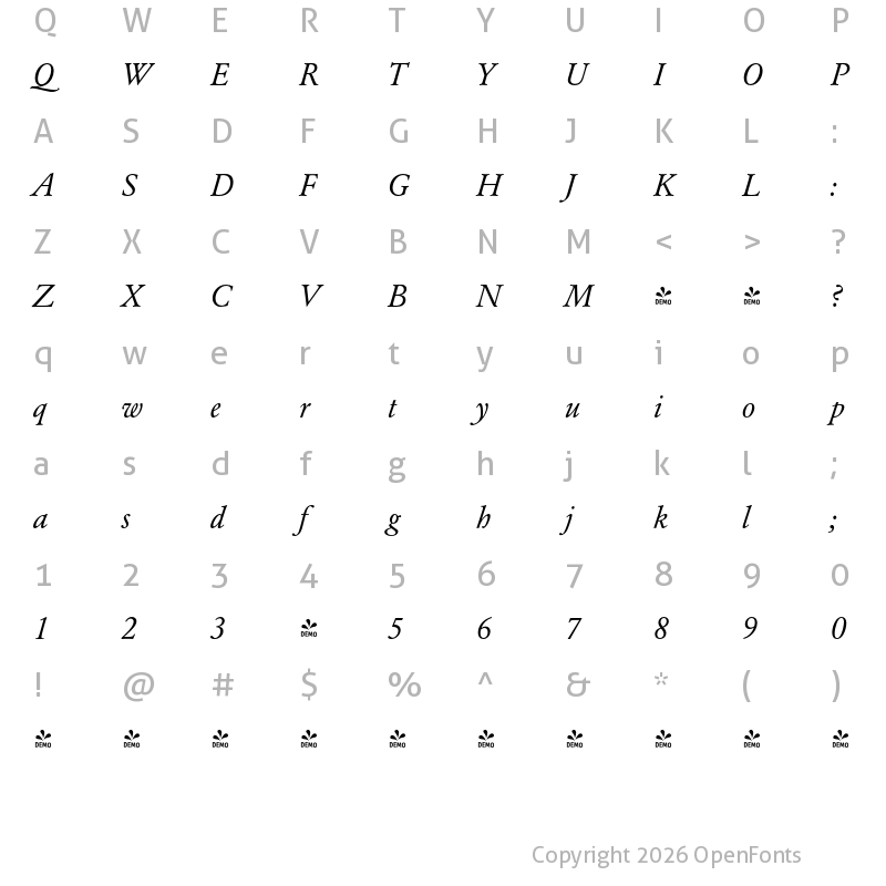 Character Map of FONTSPRING DEMO - Garamond No7 Pro Italic