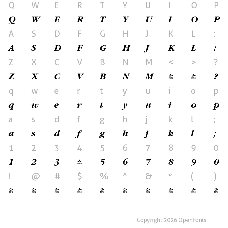 Character Map of FONTSPRING DEMO - Garamond Nova Pro Bold Italic