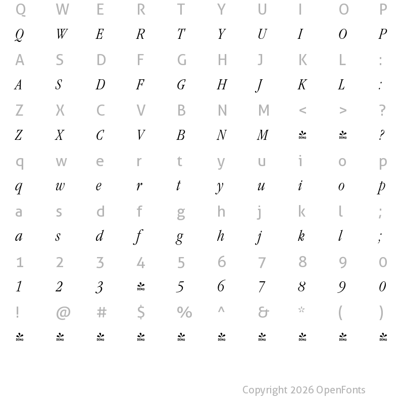 Character Map of FONTSPRING DEMO - Garamond Nova Pro Cd Light Italic