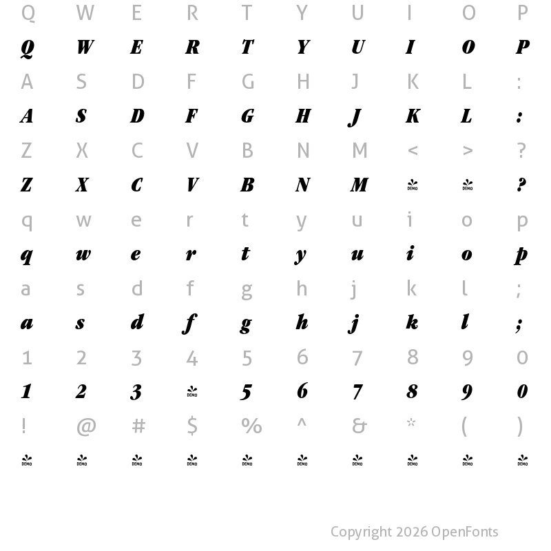 Character Map of FONTSPRING DEMO - Garamond Nova Pro Cd Ultra Italic