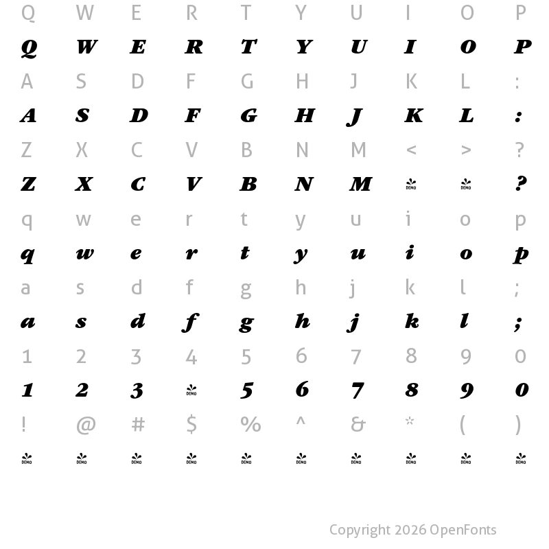 Character Map of FONTSPRING DEMO - Garamond Nova Pro Ultra Italic