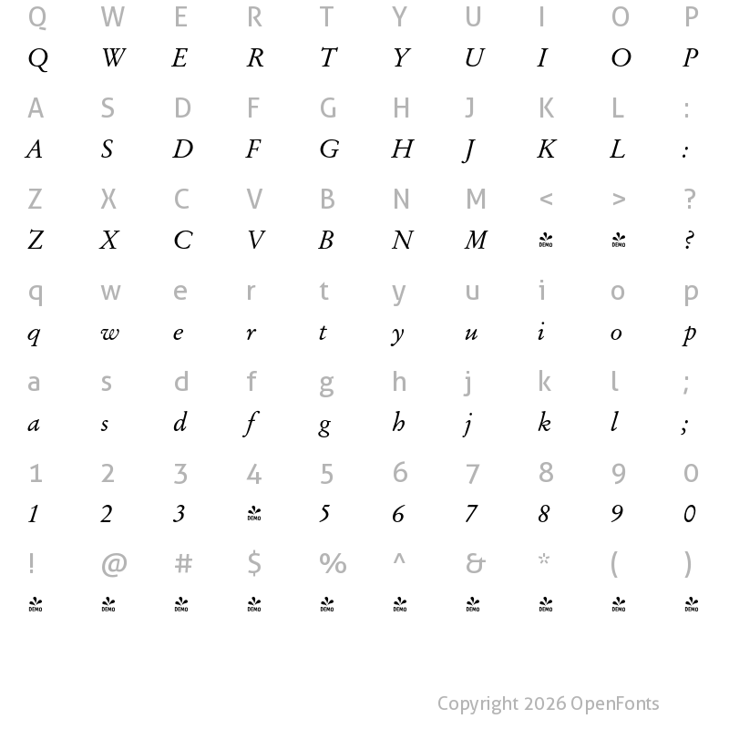 Character Map of FONTSPRING DEMO - Garamond Oldstyle FS Italic