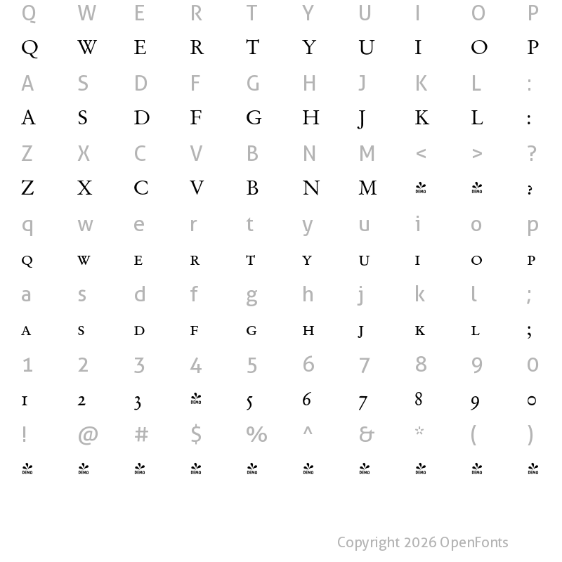 Character Map of FONTSPRING DEMO - Garamond Original Pro Caps Regular