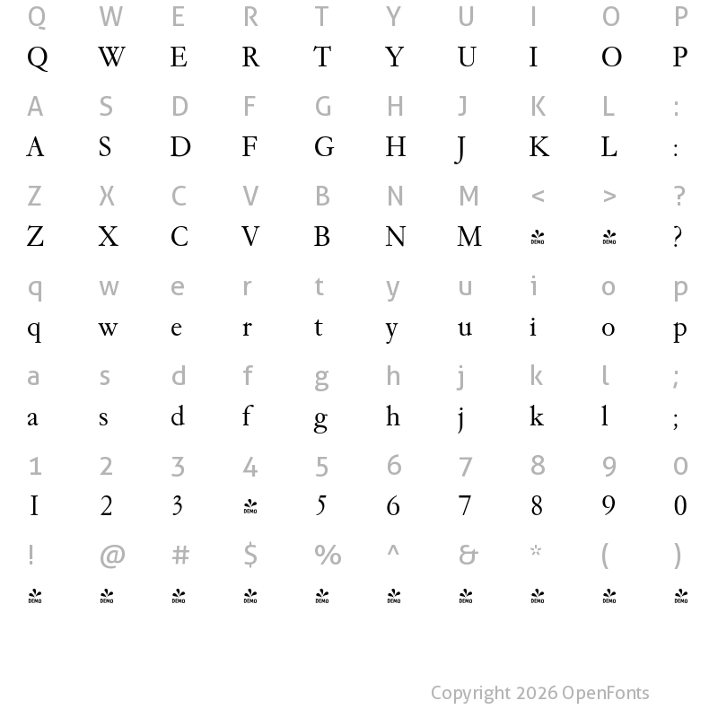 Character Map of FONTSPRING DEMO - Garamond Serial Light Regular