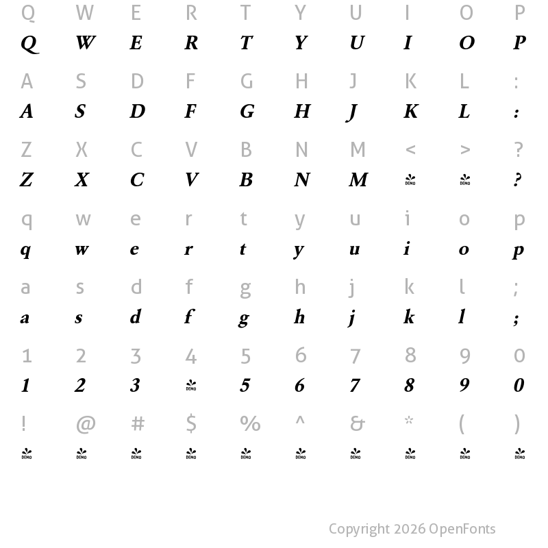 Character Map of FONTSPRING DEMO - GaramondURW Bold Italic