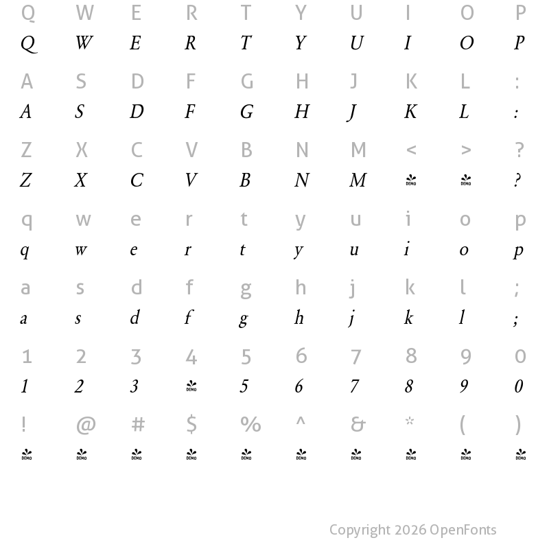 Character Map of FONTSPRING DEMO - GaramondURWExtNar Italic