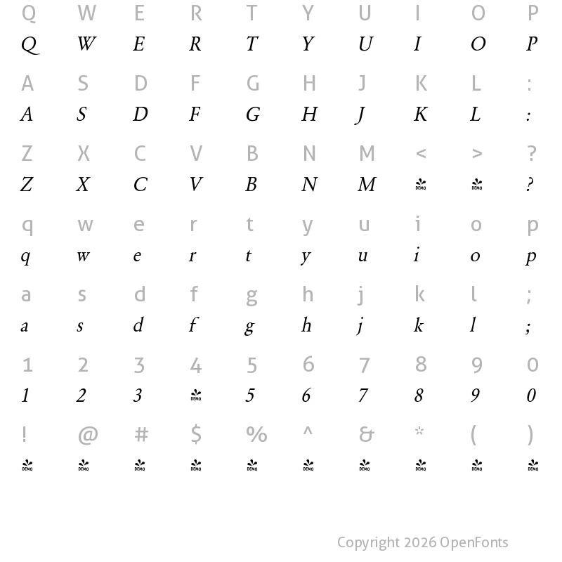 Character Map of FONTSPRING DEMO - GaramondURWNar Italic