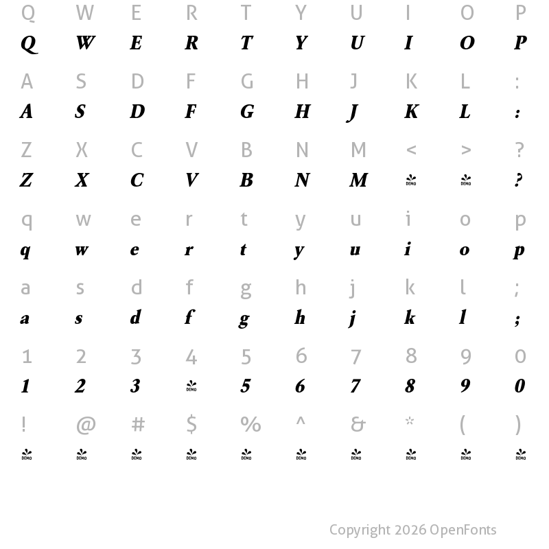 Character Map of FONTSPRING DEMO - GaramondURWNarExtBol Italic