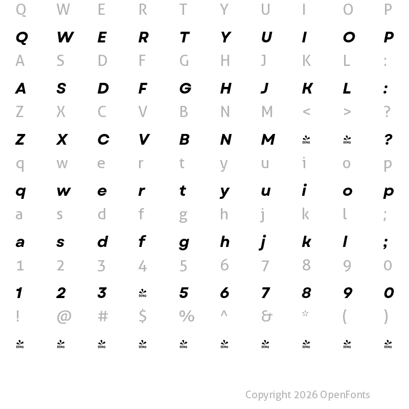 Character Map of FONTSPRING DEMO - Garet Bold Italic