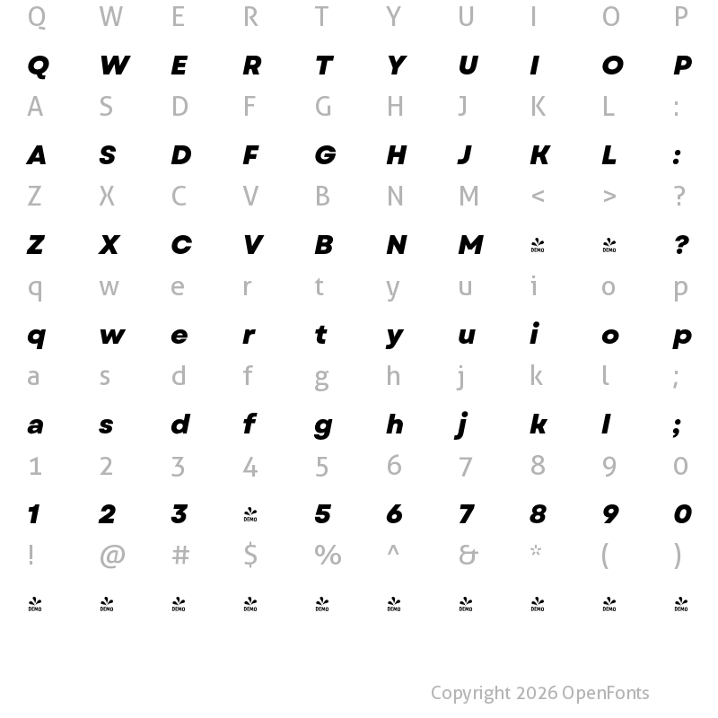 Character Map of FONTSPRING DEMO - Garet Extra Bold Italic