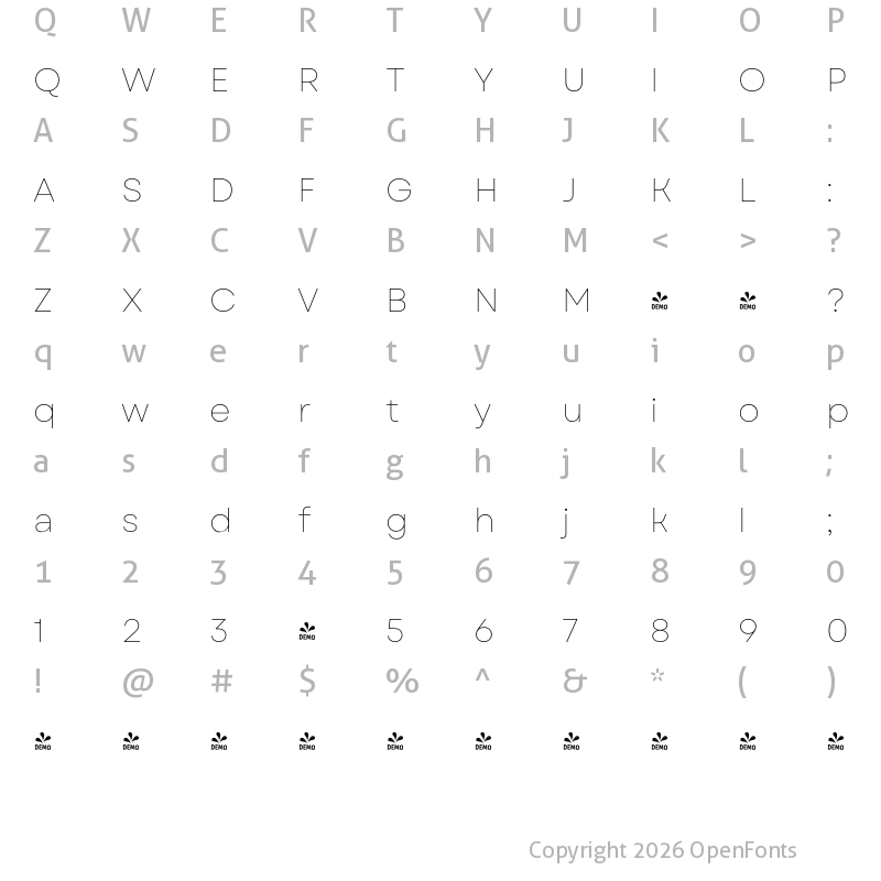 Character Map of FONTSPRING DEMO - Garet Thin Regular
